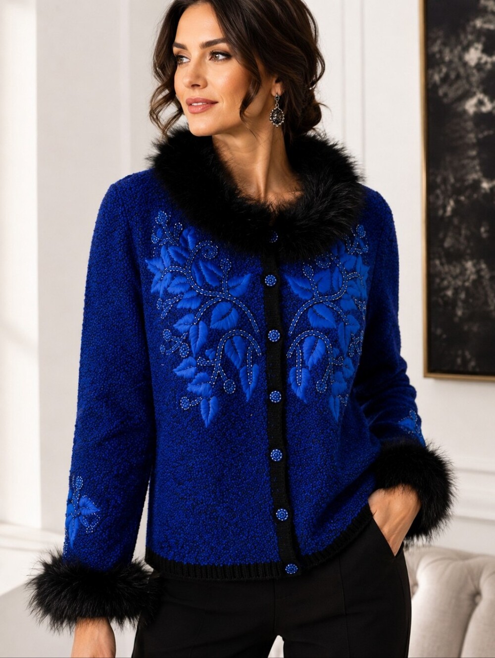 Vintage Berek Wearable Art Faux Fur Trim Embroidered Cardigan Sweater Large